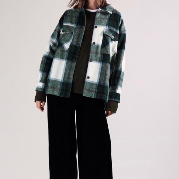 Green Wool Blend Waffle Knit Overshirt Shacket Coat - Picture 6 of 11